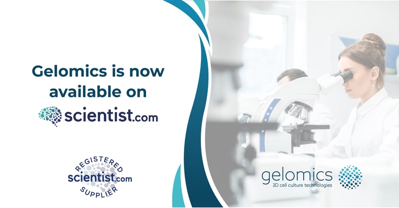 A banner reading: Gelomics is now available on Scientist.com. There is a registered supplier badge, and the Gelomics logo featured.